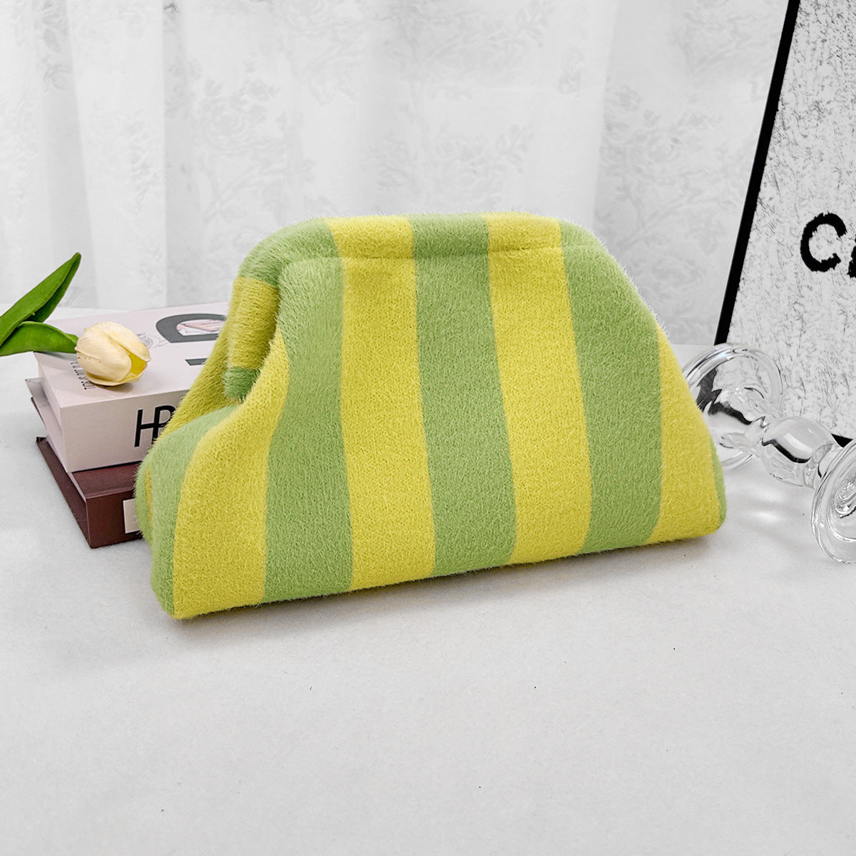 Wide Stripe Plush Knit Clutch Purse - Yellow