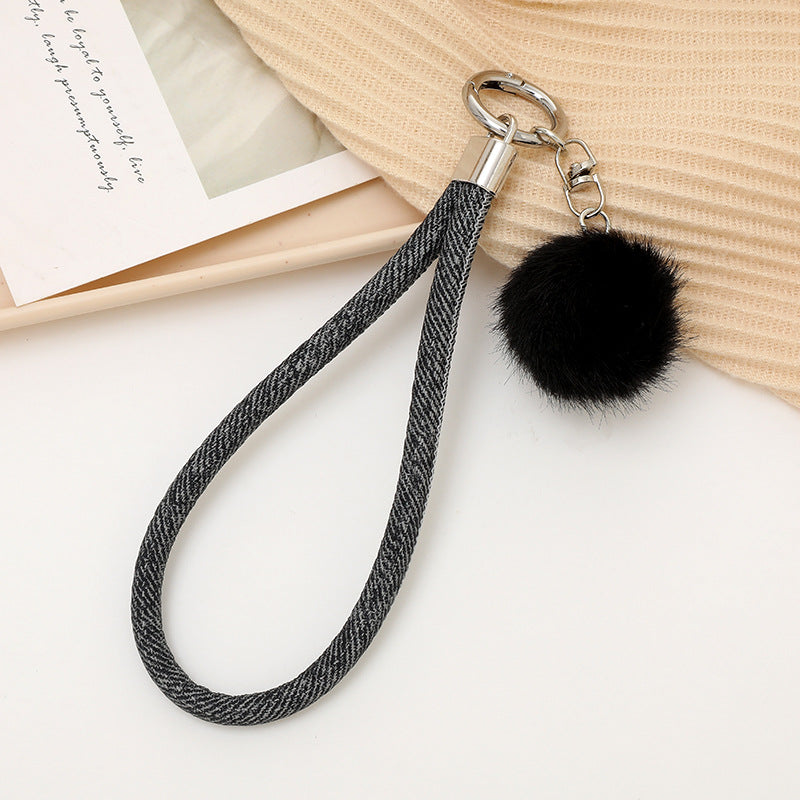 Faux Fur Pom Wristlet Keychain With Glitter Cord - Black
