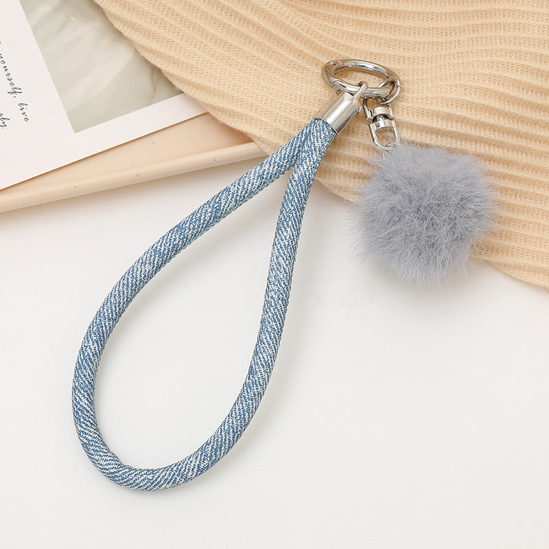 Faux Fur Pom Wristlet Keychain With Glitter Cord - DarkBlue