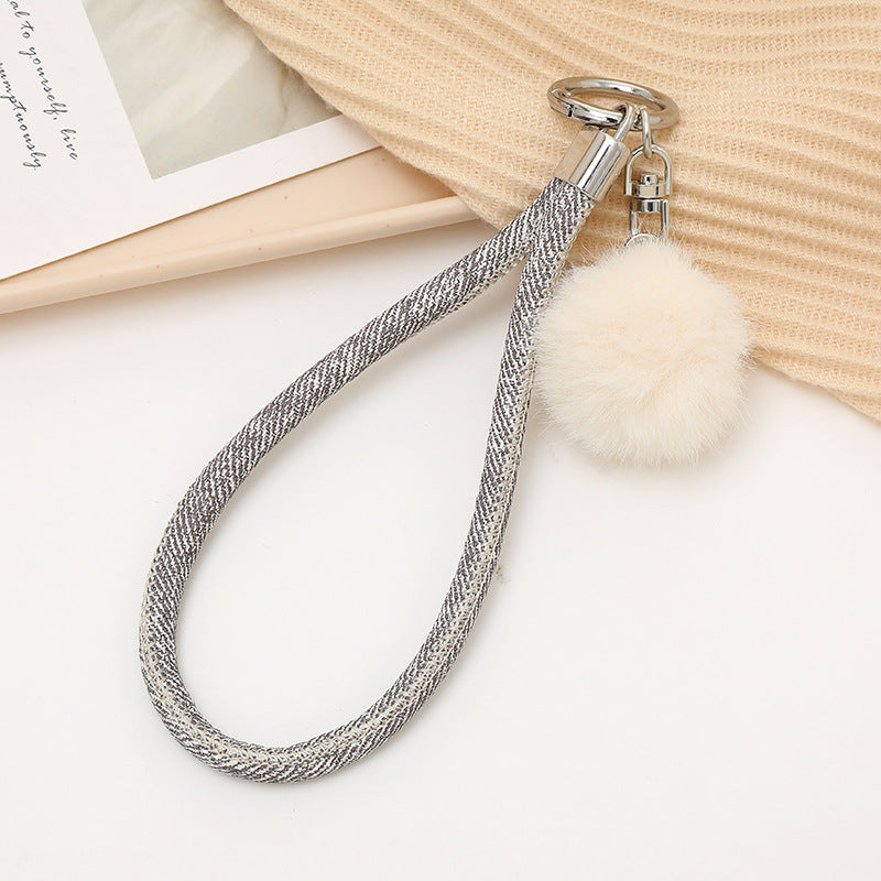 Faux Fur Pom Wristlet Keychain With Glitter Cord - Gray
