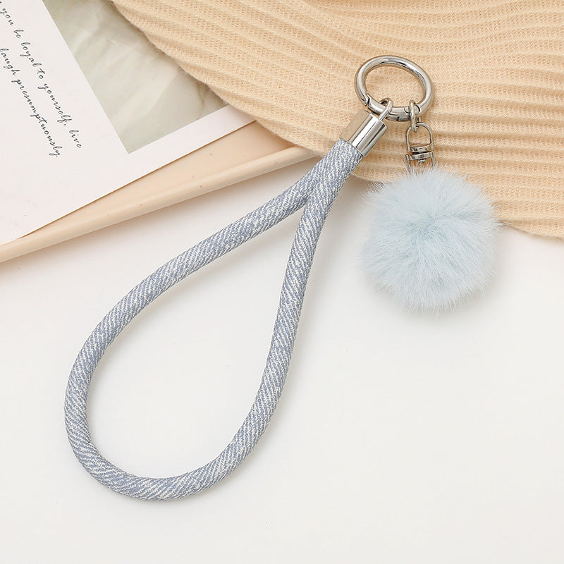 Faux Fur Pom Wristlet Keychain With Glitter Cord - LightBlue