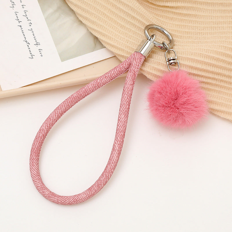 Faux Fur Pom Wristlet Keychain With Glitter Cord - Pink