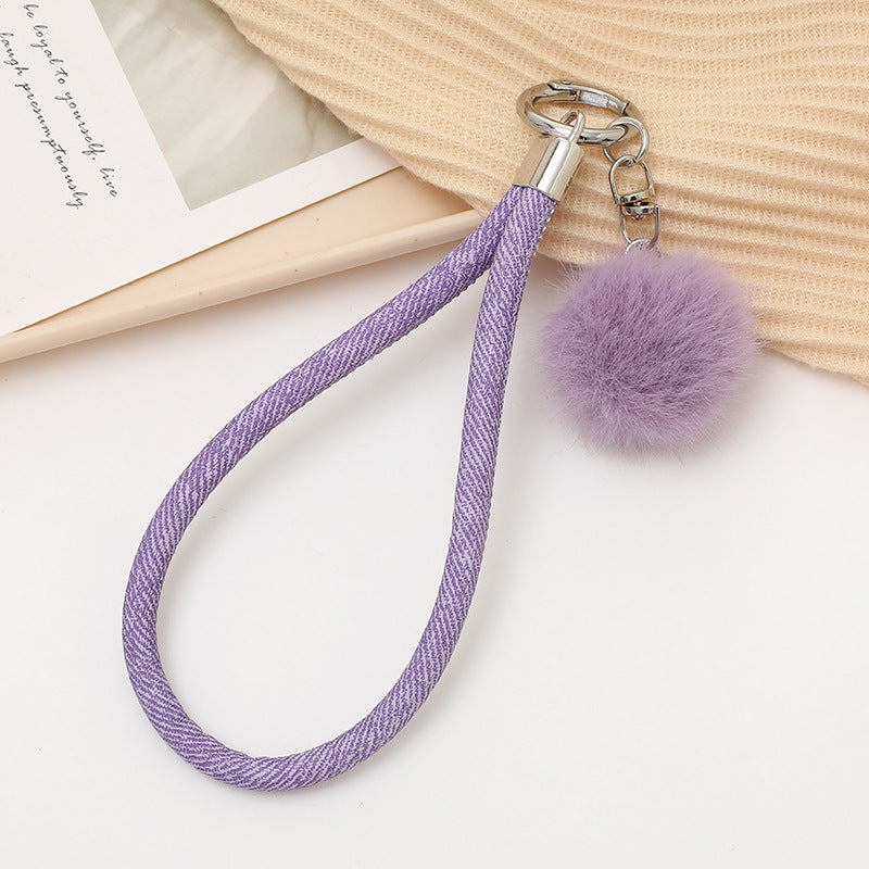 Faux Fur Pom Wristlet Keychain With Glitter Cord - Purple