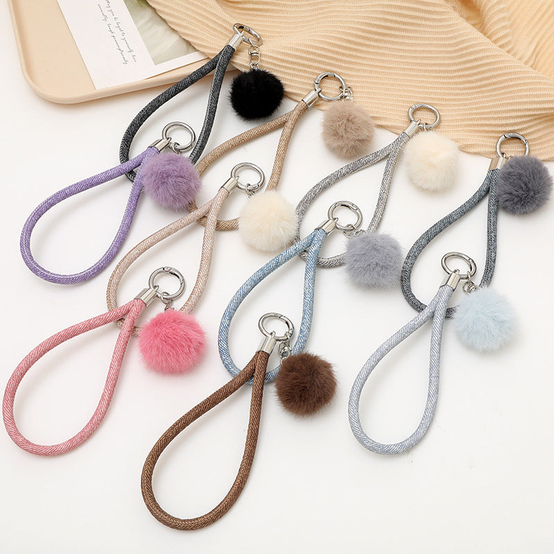 Faux Fur Pom Wristlet Keychain With Glitter Cord