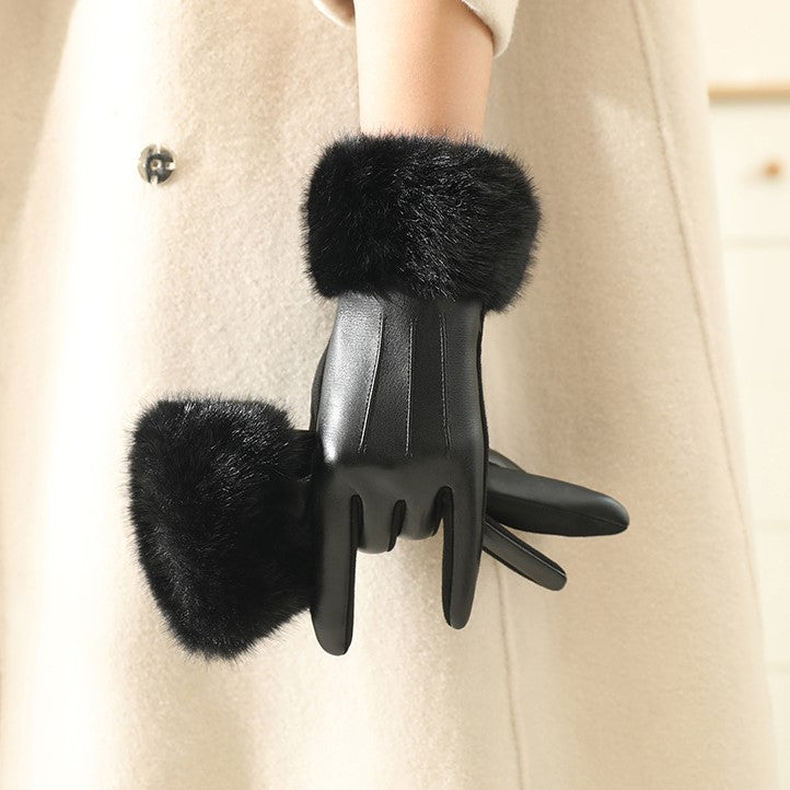 Touchscreen Gloves With Plush Fur Cuffs - Black