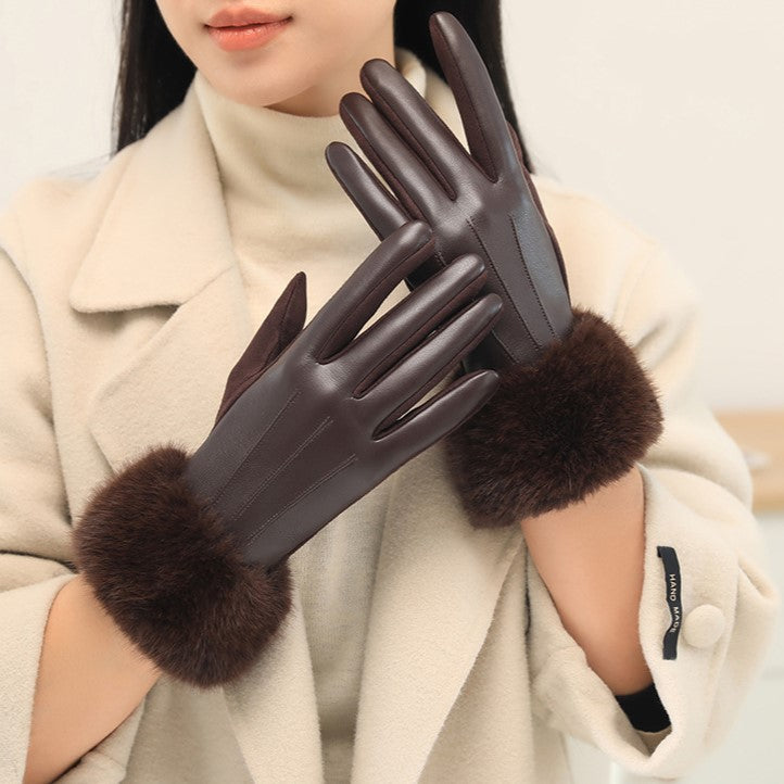 Touchscreen Gloves With Plush Fur Cuffs - Coffee