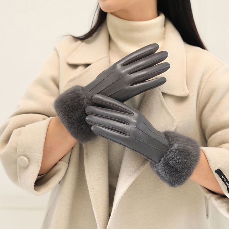 Touchscreen Gloves With Plush Fur Cuffs - Grey
