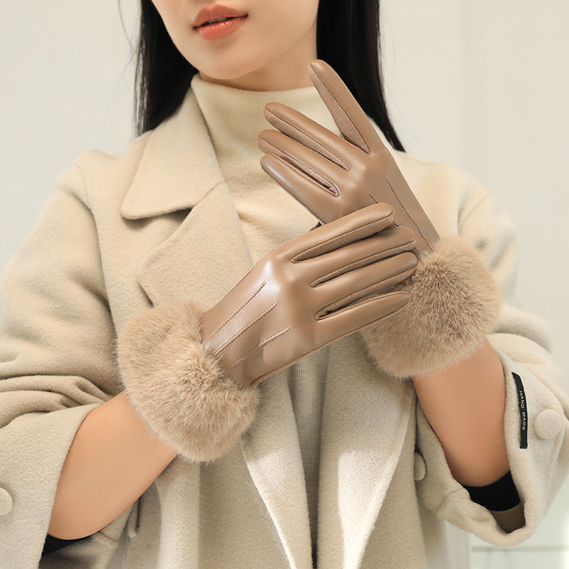 Touchscreen Gloves With Plush Fur Cuffs - Khaki