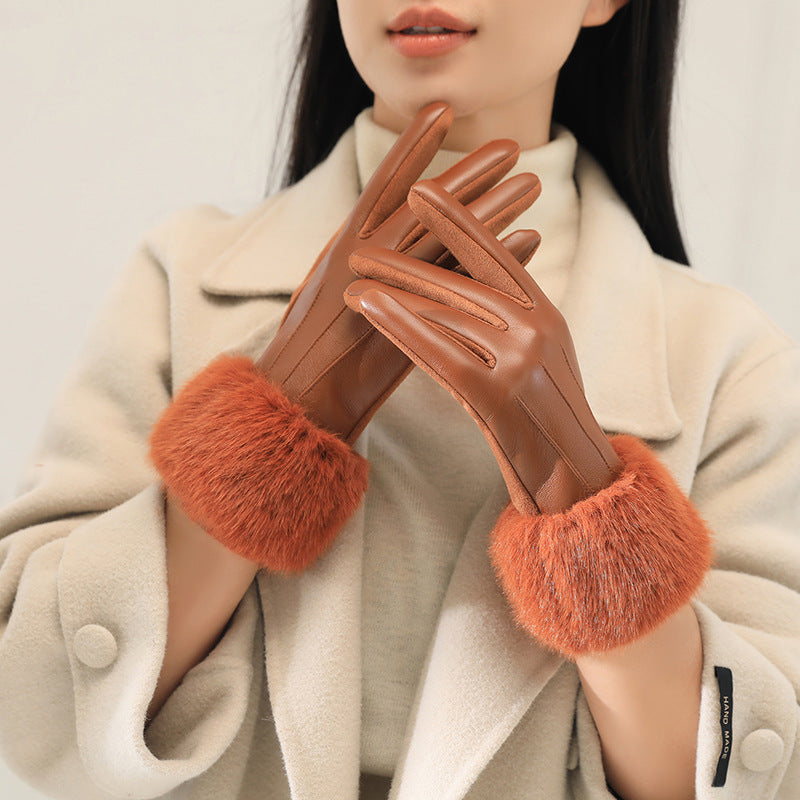 Touchscreen Gloves With Plush Fur Cuffs - Orange