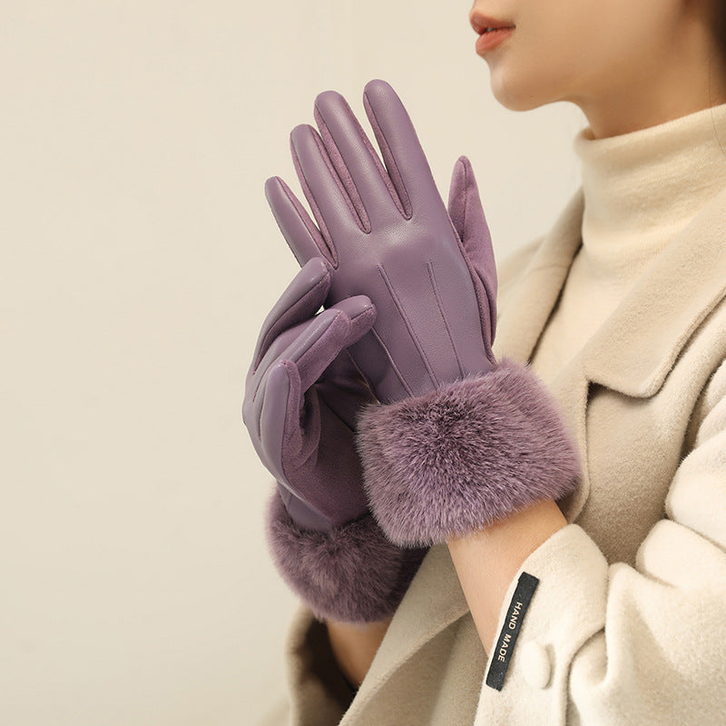 Touchscreen Gloves With Plush Fur Cuffs - Purple