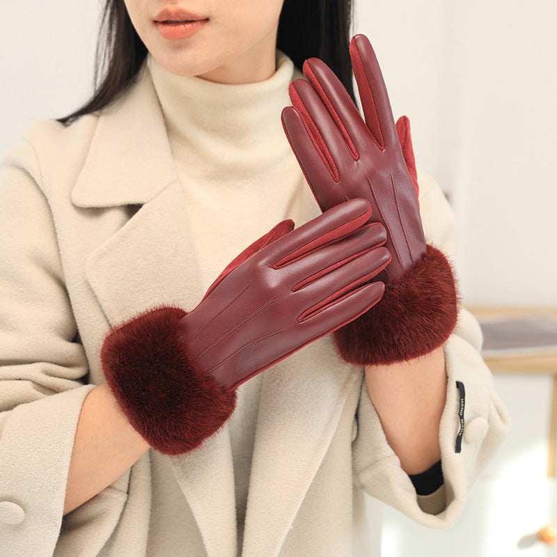 Touchscreen Gloves With Plush Fur Cuffs - Red