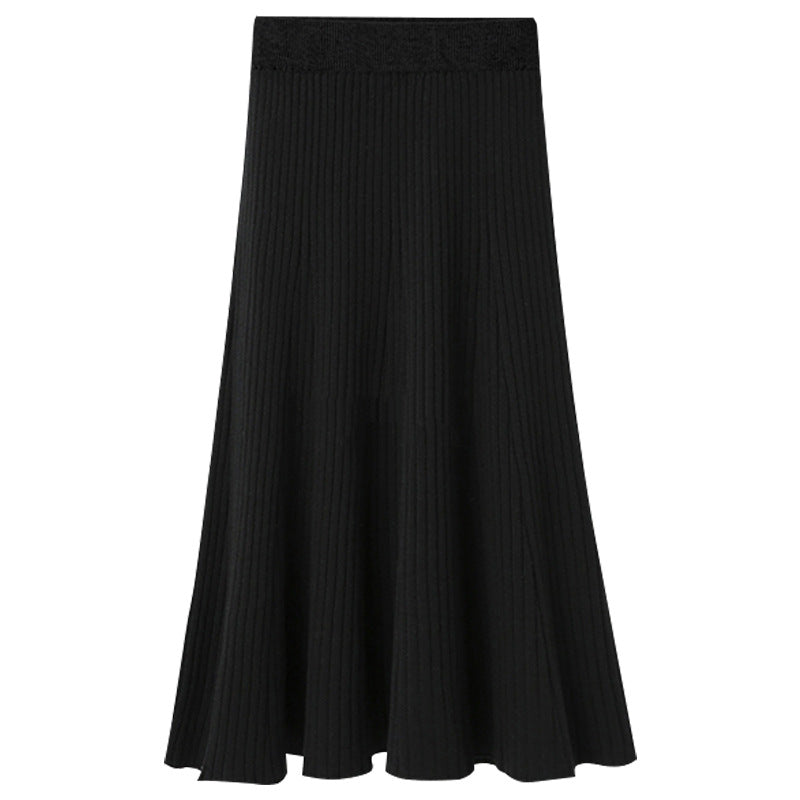 Ribbed Knit Flared Midi Skirt - Black