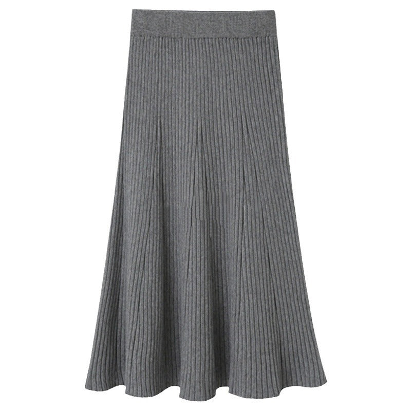 Ribbed Knit Flared Midi Skirt - Grey
