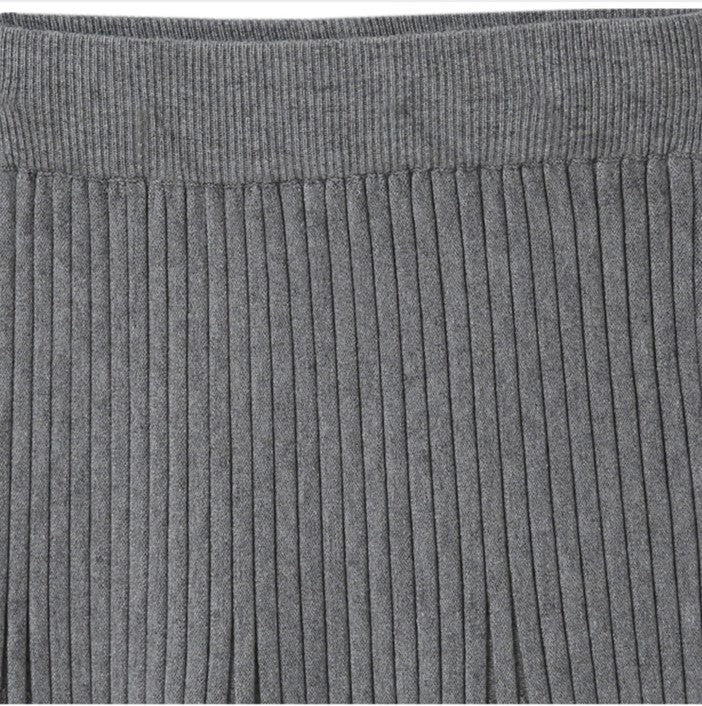 Ribbed Knit Flared Midi Skirt - Grey - 1