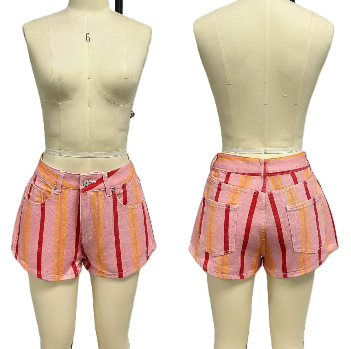 Candy Striped High Waist Denim Shorts - Pink - 1