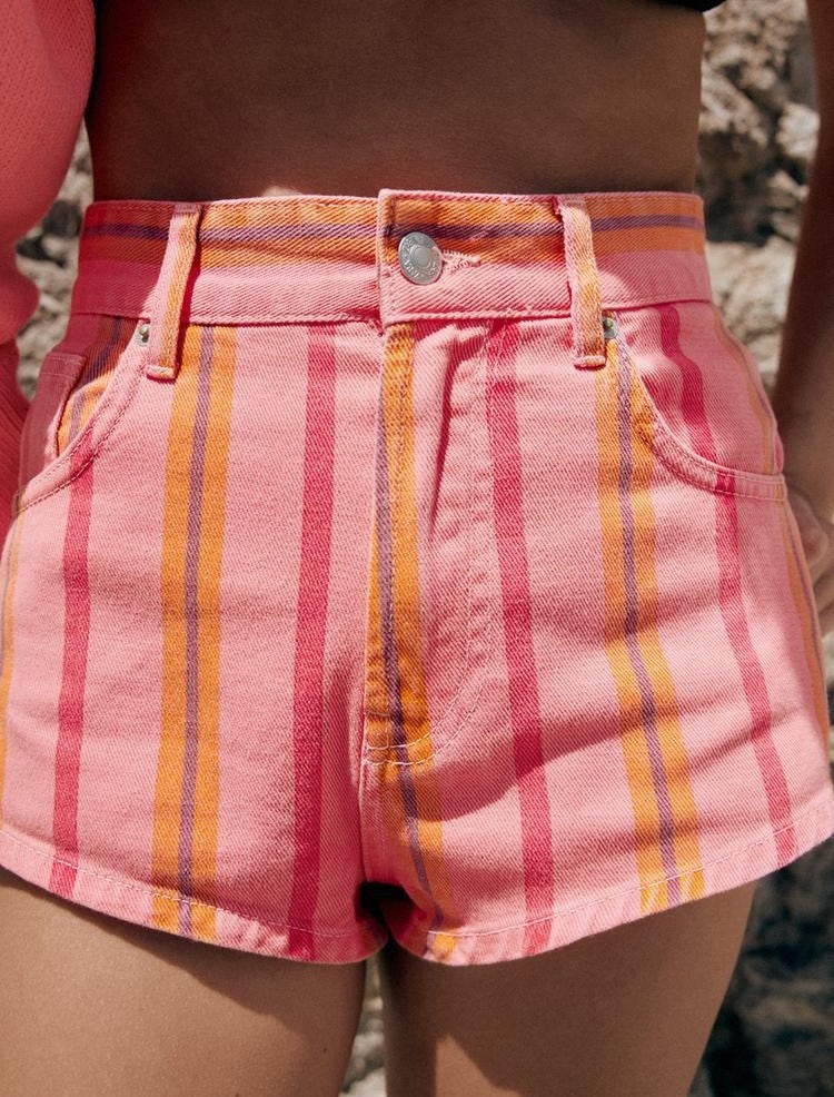Candy Striped High Waist Denim Shorts - Pink - 2