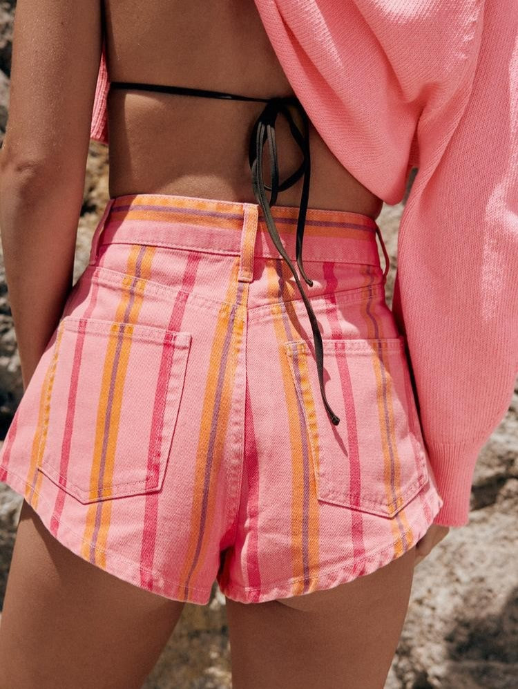 Candy Striped High Waist Denim Shorts - Pink - 3