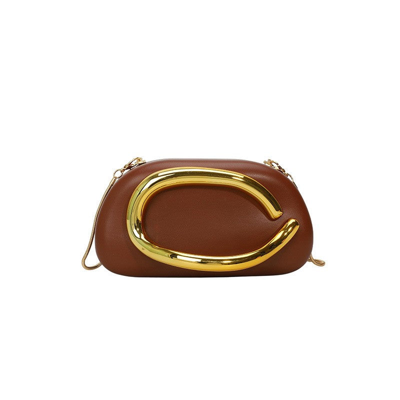 Curved Handle Pillow Clutch With Chain Strap - Brown