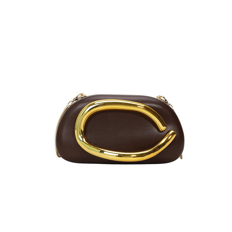 Curved Handle Pillow Clutch With Chain Strap - Coffee
