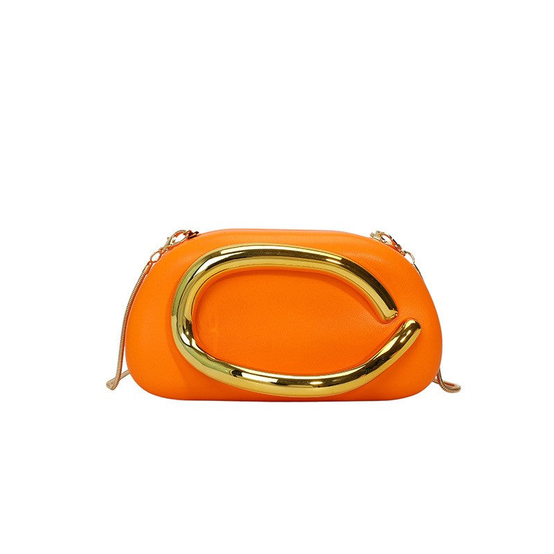 Curved Handle Pillow Clutch With Chain Strap - Orange