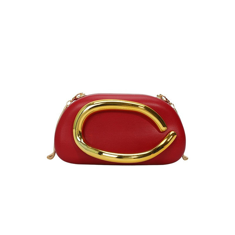 Curved Handle Pillow Clutch With Chain Strap - Red