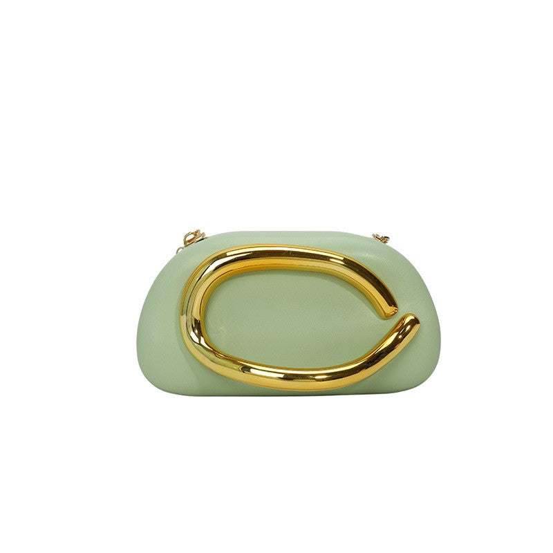 Curved Handle Pillow Clutch With Chain Strap - Sage Green