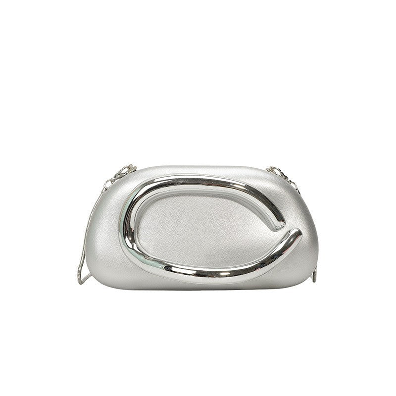 Curved Handle Pillow Clutch With Chain Strap - Silver