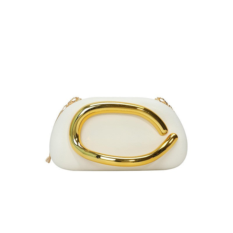Curved Handle Pillow Clutch With Chain Strap - White