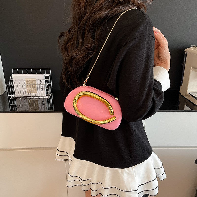 Curved Handle Pillow Clutch With Chain Strap