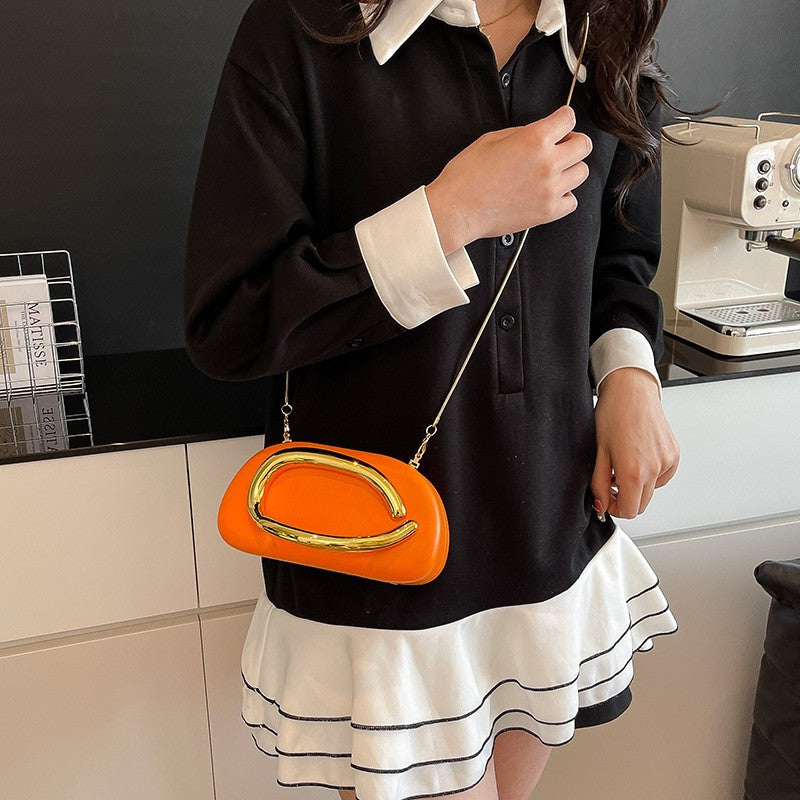 Curved Handle Pillow Clutch With Chain Strap