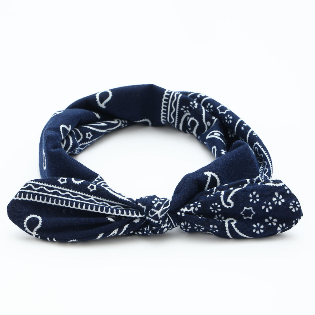 Paisley Bandana Knotted Bow Headband - Navy-Blue