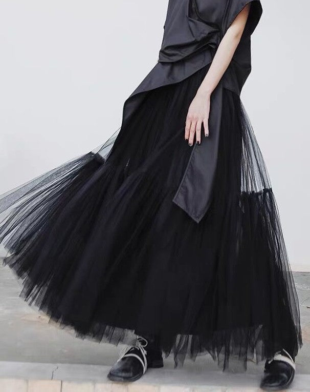 Tiered Tulle Mesh Long Skirt - Black