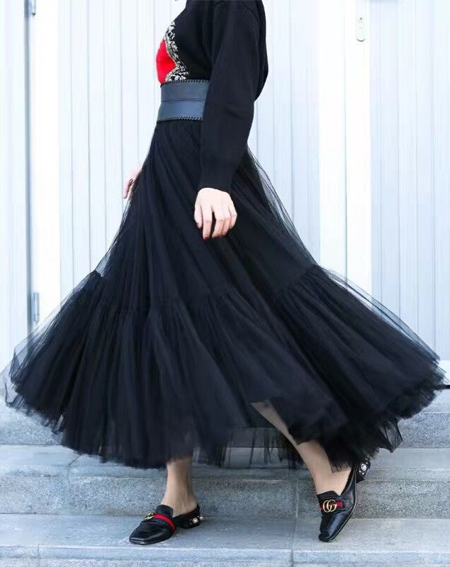 Tiered Tulle Mesh Long Skirt - Black - 1