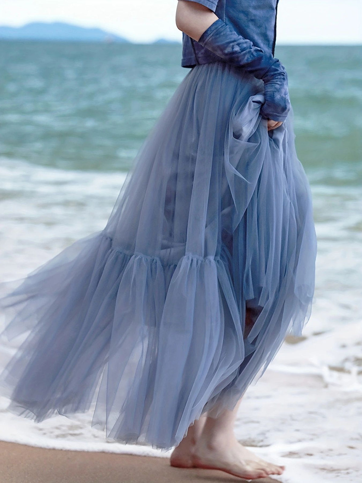 Tiered Tulle Mesh Long Skirt - Blue - 1