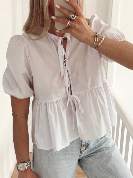 Bow Front Puff Sleeve Babydoll Blouse - White