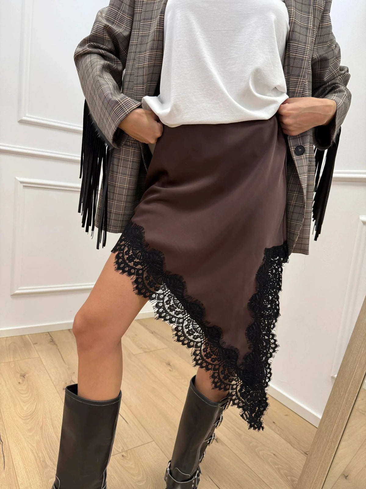 Bias Cut Satin Skirt With Lace Hem - Coffee