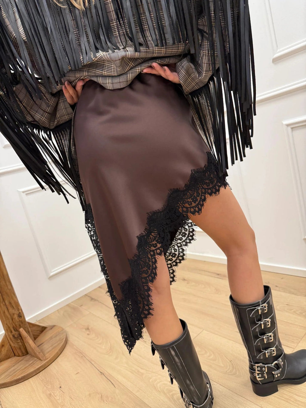 Bias Cut Satin Skirt With Lace Hem - Coffee - 3