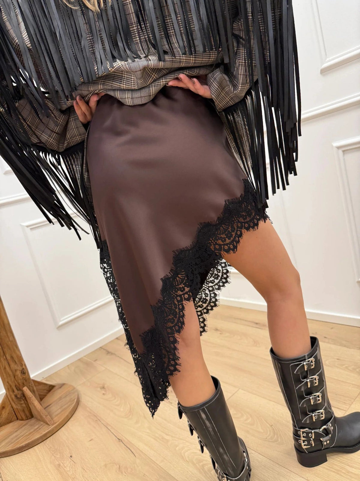 Bias Cut Satin Skirt With Lace Hem - Coffee - 3