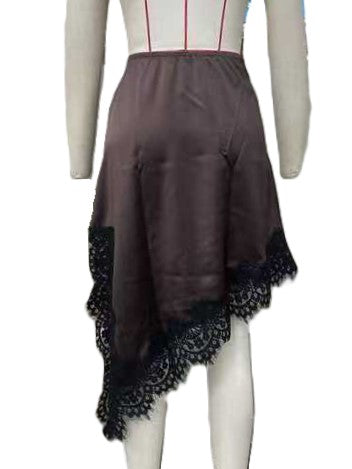 Bias Cut Satin Skirt With Lace Hem - Coffee - 4