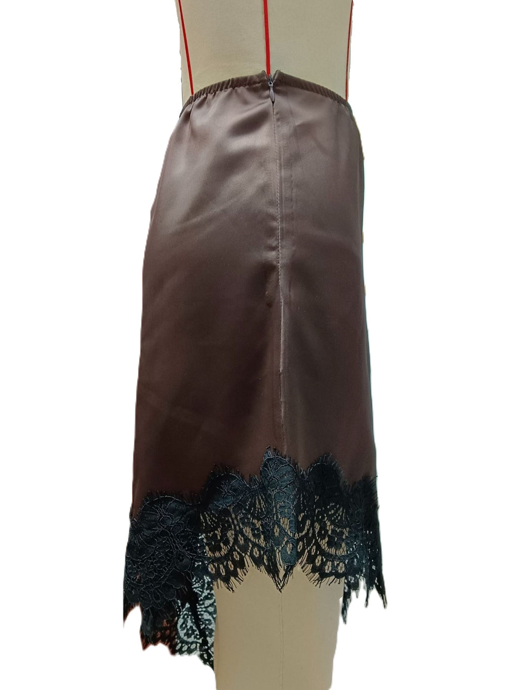 Bias Cut Satin Skirt With Lace Hem - Coffee - 5