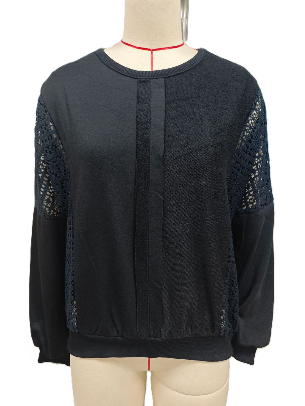 Lace Panel Sweatshirt With Balloon Sleeves - Black