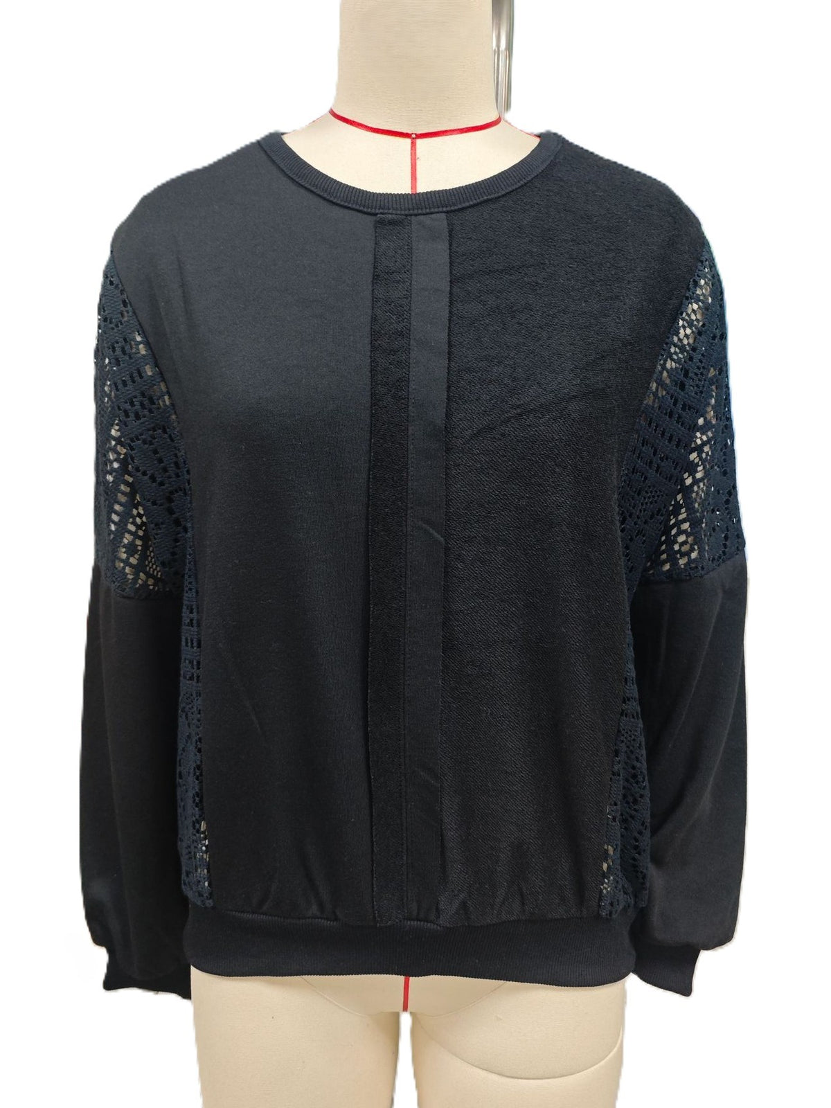 Lace Panel Sweatshirt With Balloon Sleeves - Black