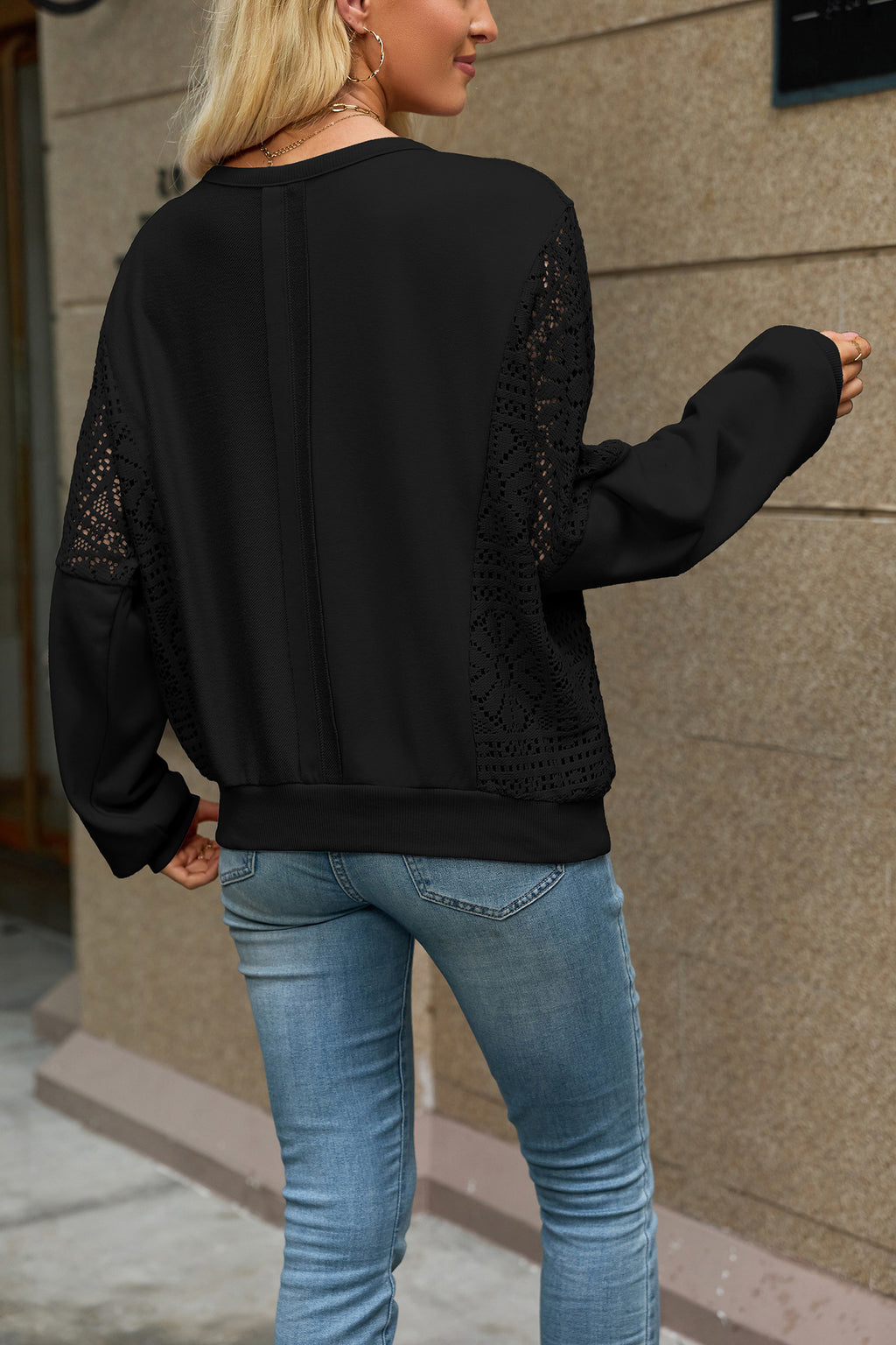 Lace Panel Sweatshirt With Balloon Sleeves - Black - 2