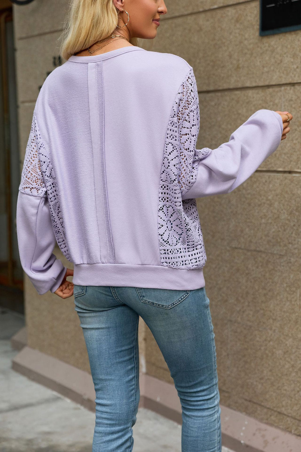 Lace Panel Sweatshirt With Balloon Sleeves - Purple - 2