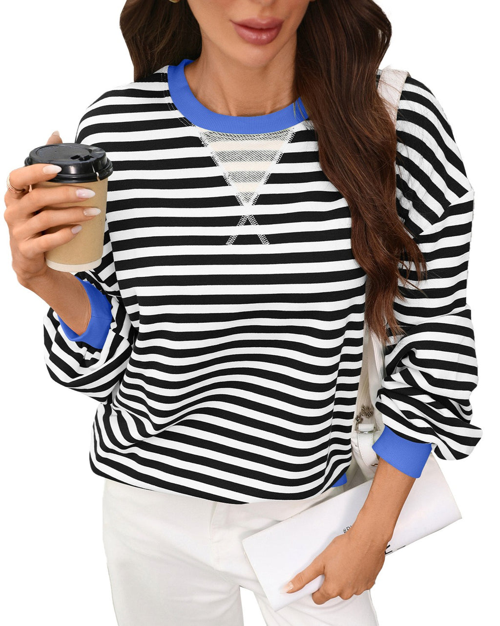 Contrast Rib Striped Drop Shoulder Sweatshirt - BlackWhite