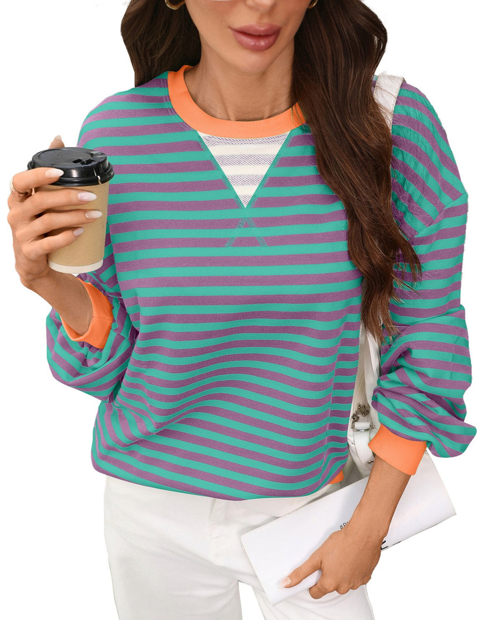 Contrast Rib Striped Drop Shoulder Sweatshirt - BluePurple