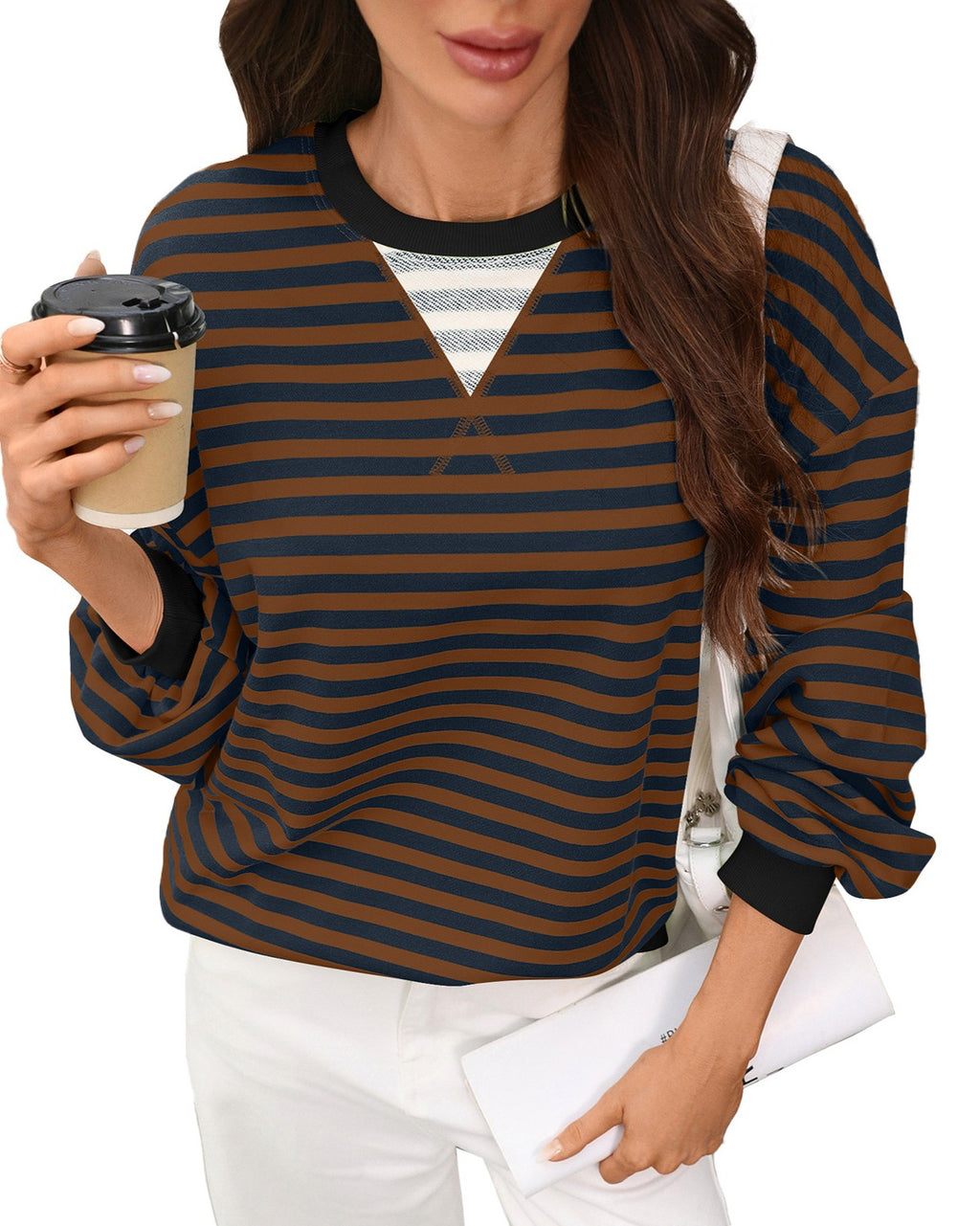 Contrast Rib Striped Drop Shoulder Sweatshirt - Brown