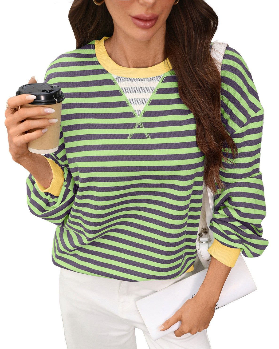 Contrast Rib Striped Drop Shoulder Sweatshirt - Green