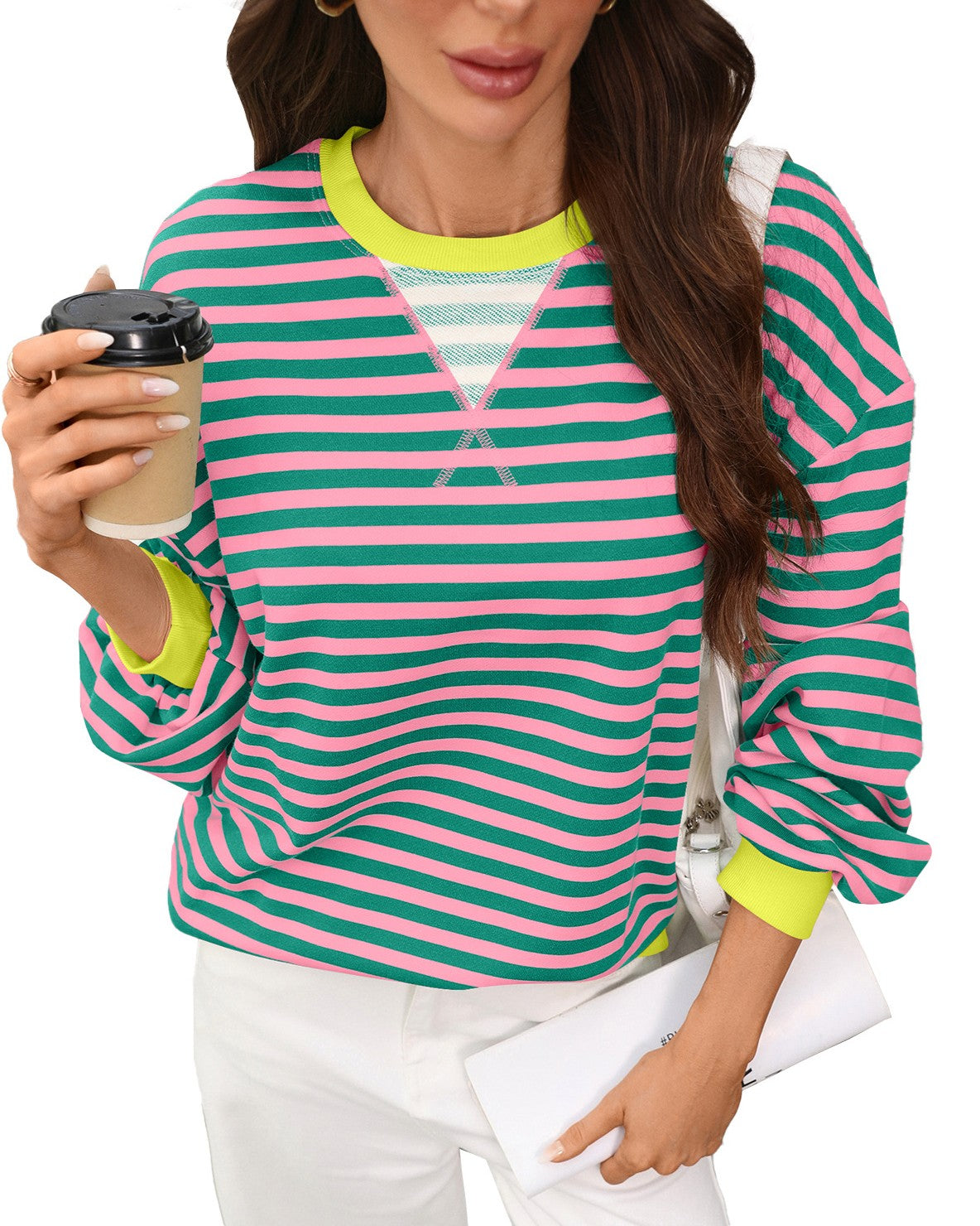 Contrast Rib Striped Drop Shoulder Sweatshirt - GreenPink