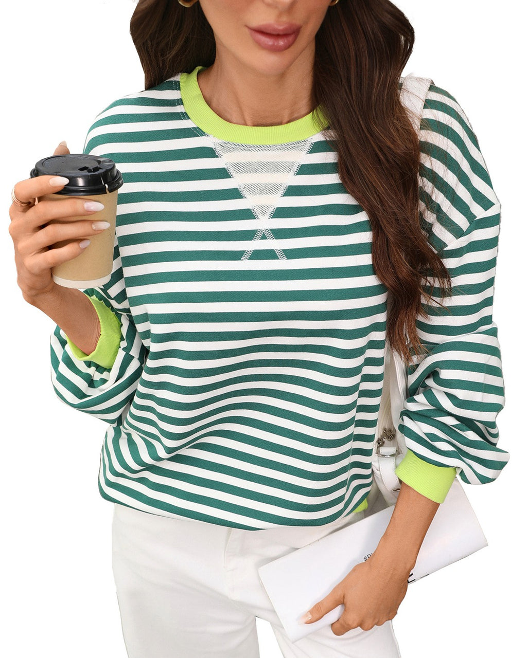 Contrast Rib Striped Drop Shoulder Sweatshirt - GreenWhite
